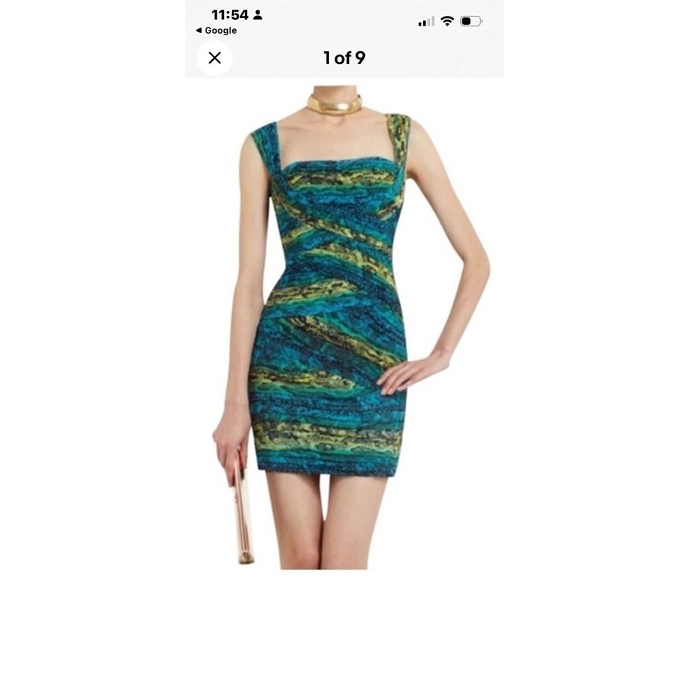 BCBGMAXAZRIA Bodycon Dress Women M Blue Snake Print Ruched Square Neck